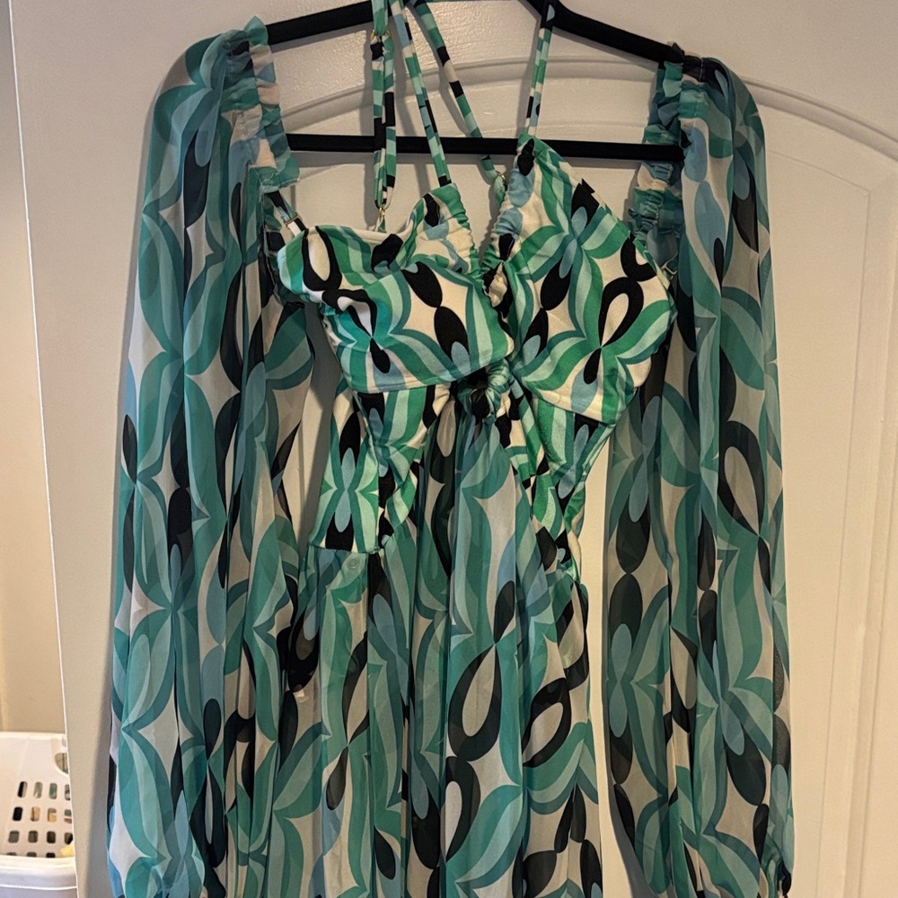 PatBO Teal and Black Printed Halter Tunic with Sheer Long Sleeves - Picture 2 of 4